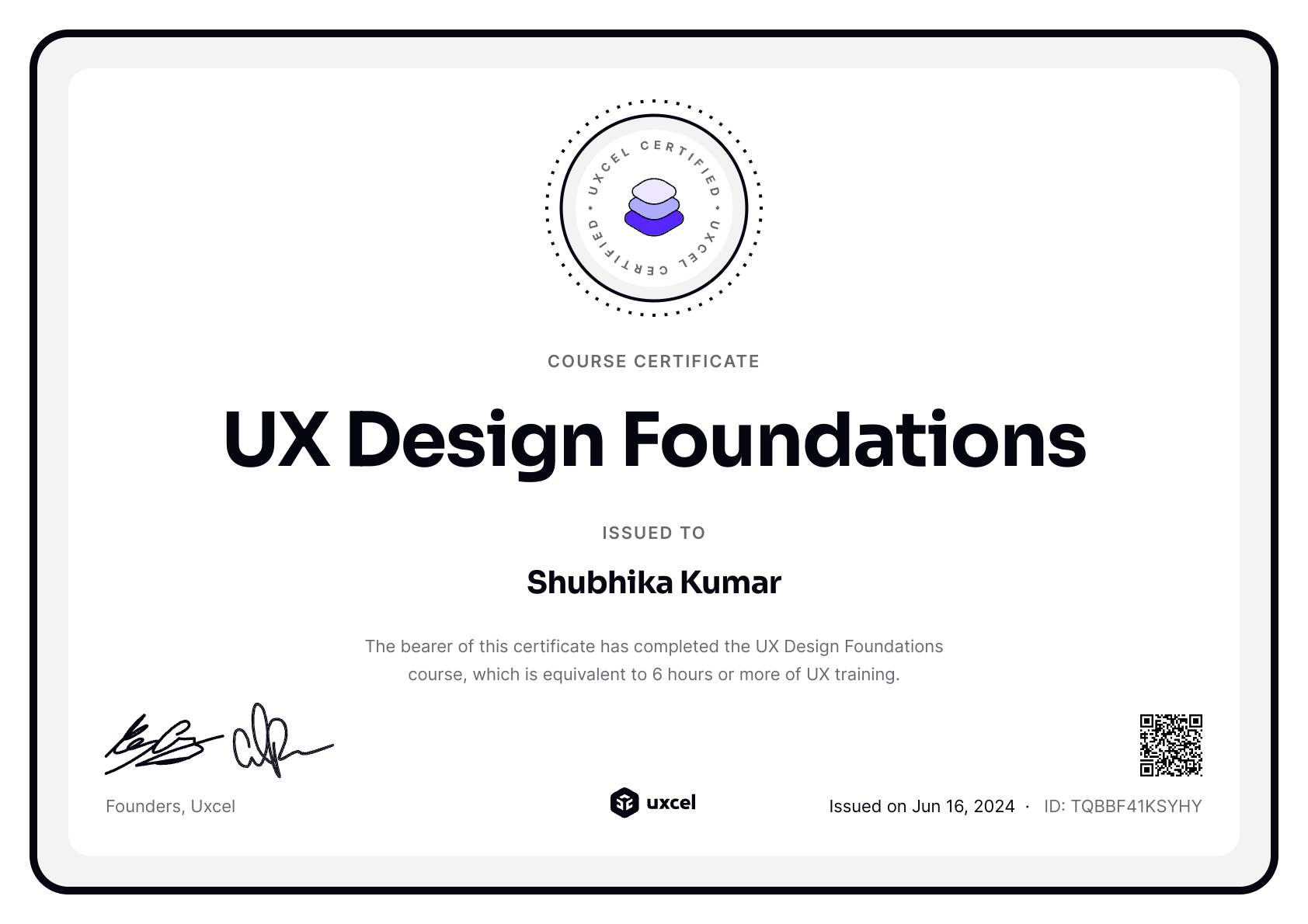 Shubhika Kumar's certificate
